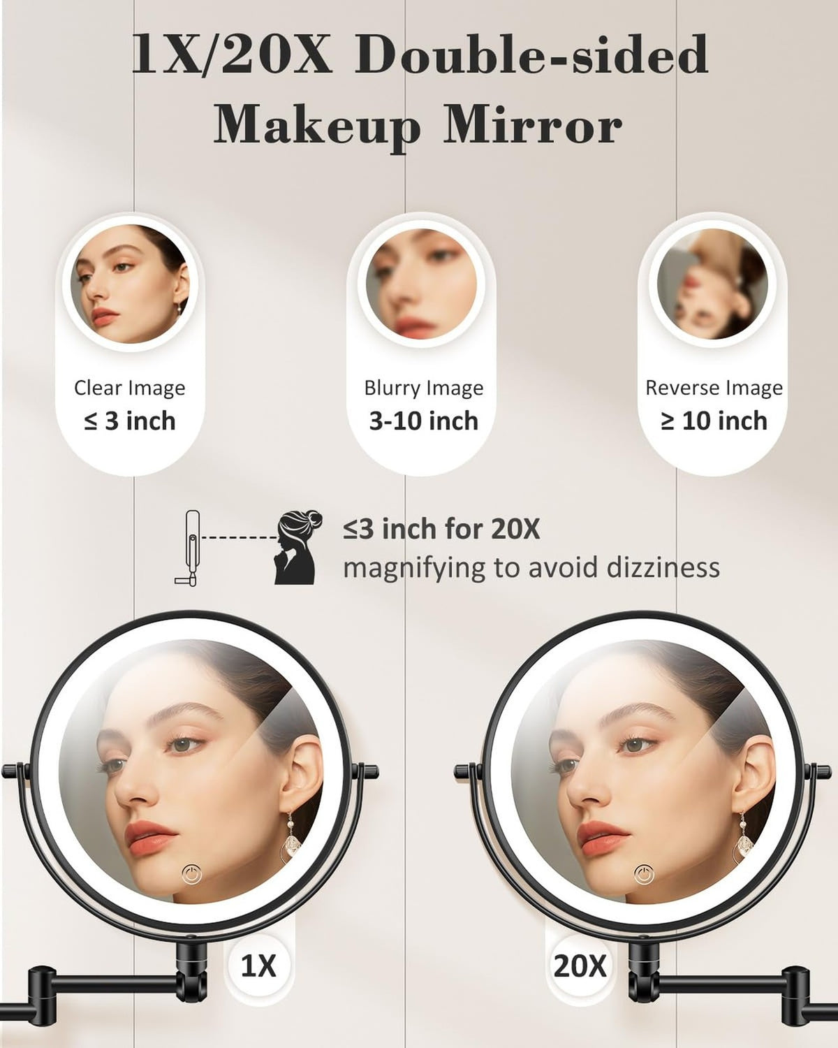 20X 9-Inch Wall Mounted Magnifying Makeup Mirror with Light & Adjustable Height