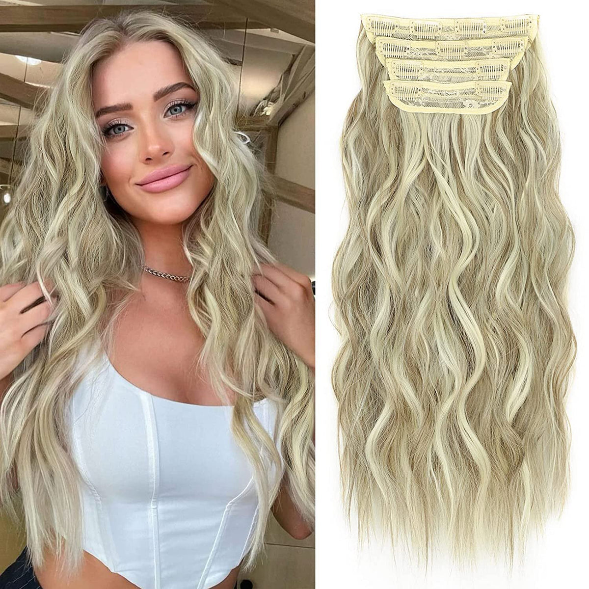 4PCS Clip-In Wavy Hair Extensions Long Synthetic Weft - Natural Blonde to Brown