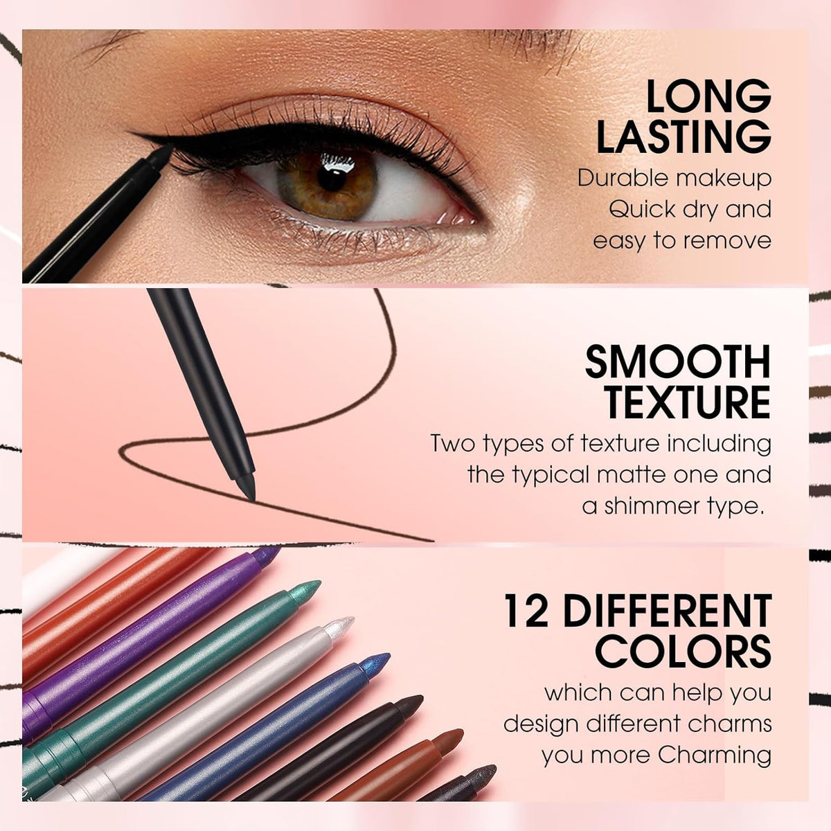 12-Color Waterproof Gel Eyeliner Pencil Set - Matte, Shimmer & Metallic Shades