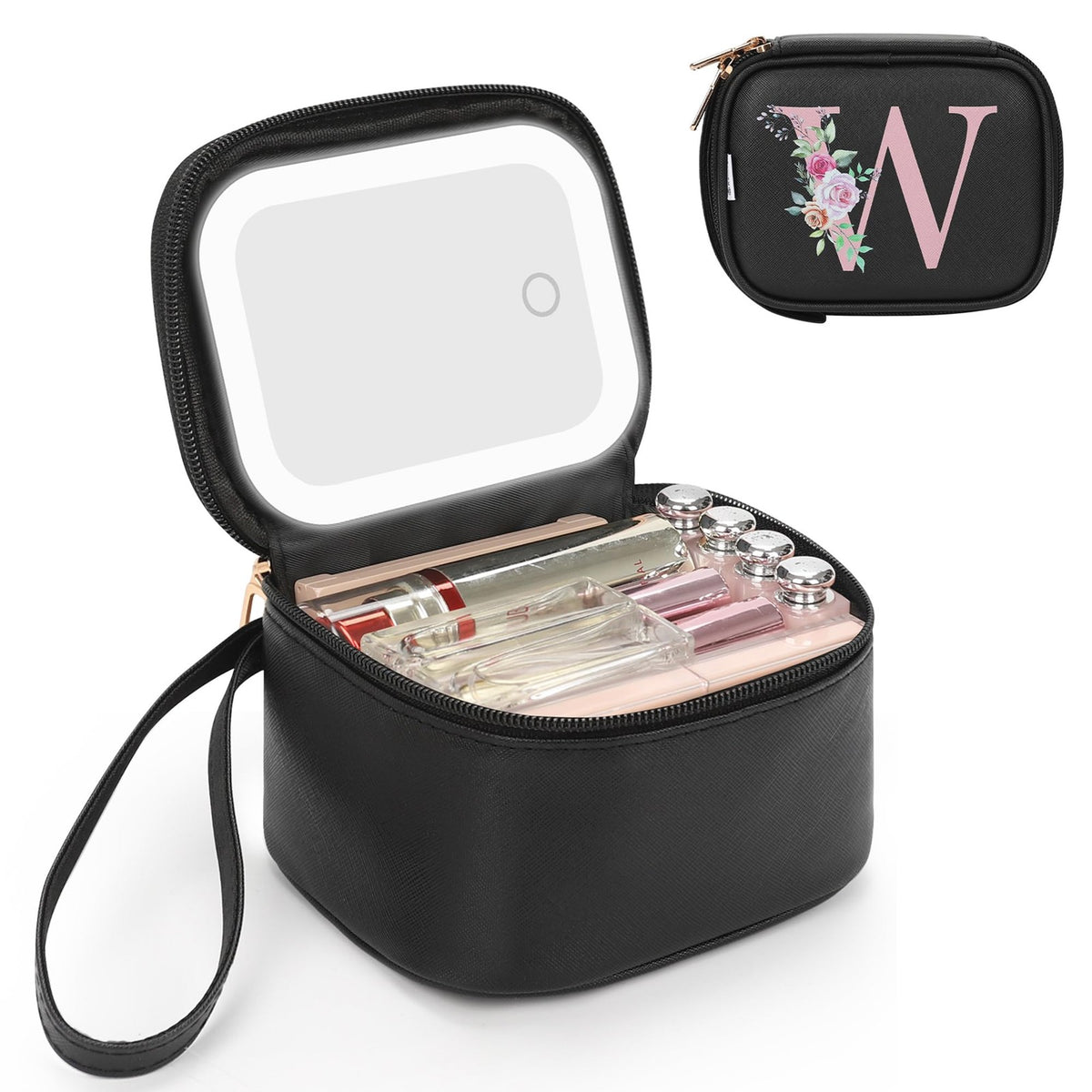 Mini Makeup Bag with LED Mirror - Personalized Initial Cosmetic Organizer for Women
