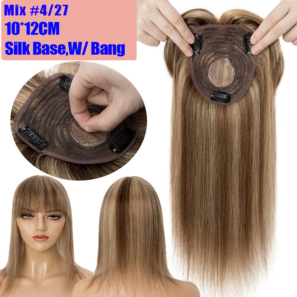 Remy Human Hair Topper with Bangs - Clip-In Hairpiece for Thinning Hair