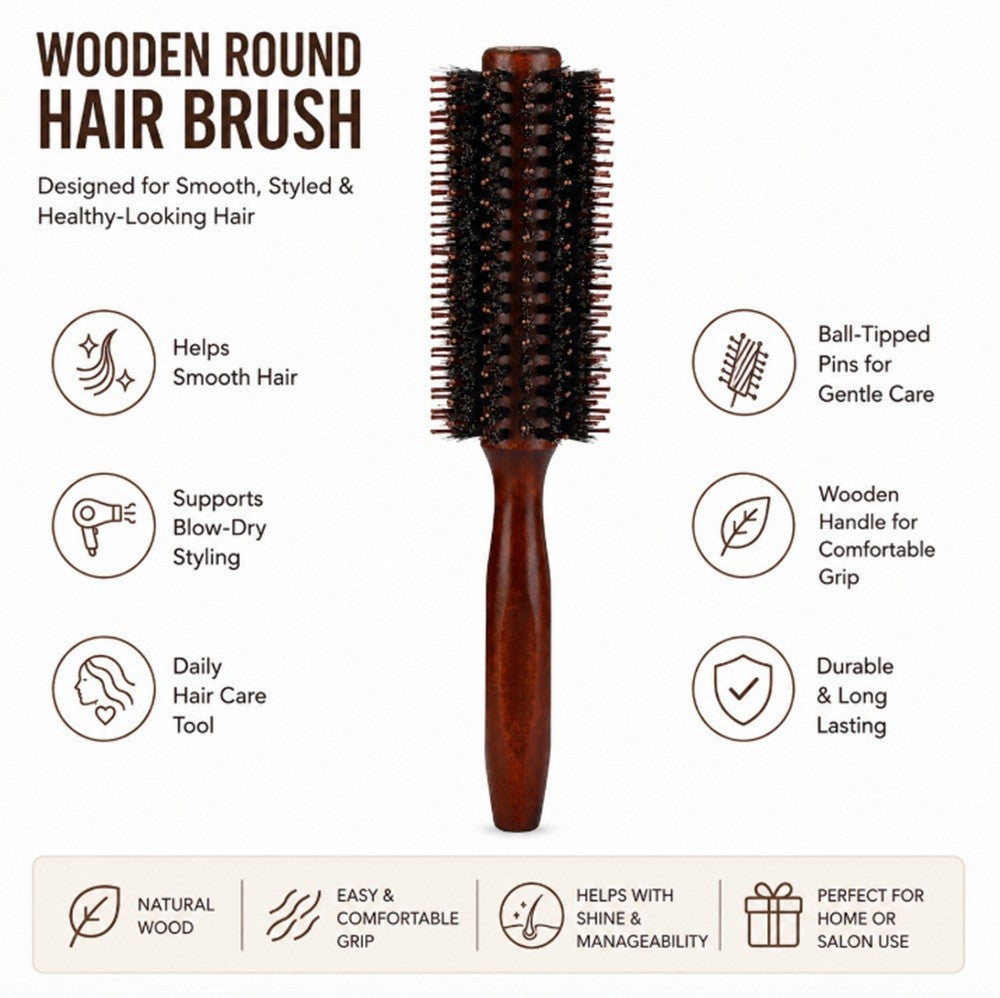 2.2-Inch Round Bristle Hair Brush with Wooden Handle for Blowouts & Styling
