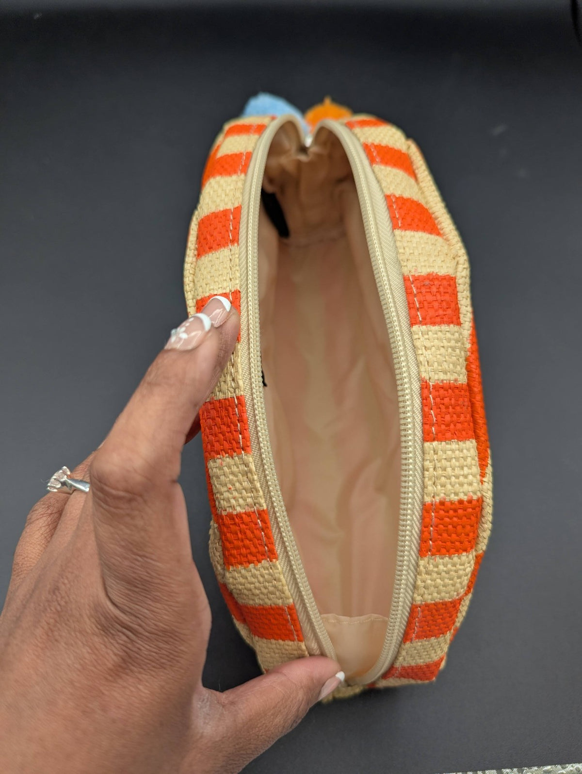 Luxury Cosmetic Bag with Pom Pom Orange Stripe Travel Makeup Purse