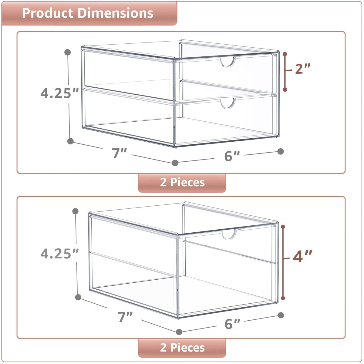 2-Pack Transparent Cosmetic Storage Bins for Makeup Jewelry & Skincare