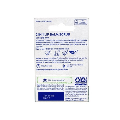 2 Pack Lip Balm & Scrub for Soft Lips with Aloe Vera & Vitamin E - Gentle Exfoliating Stick