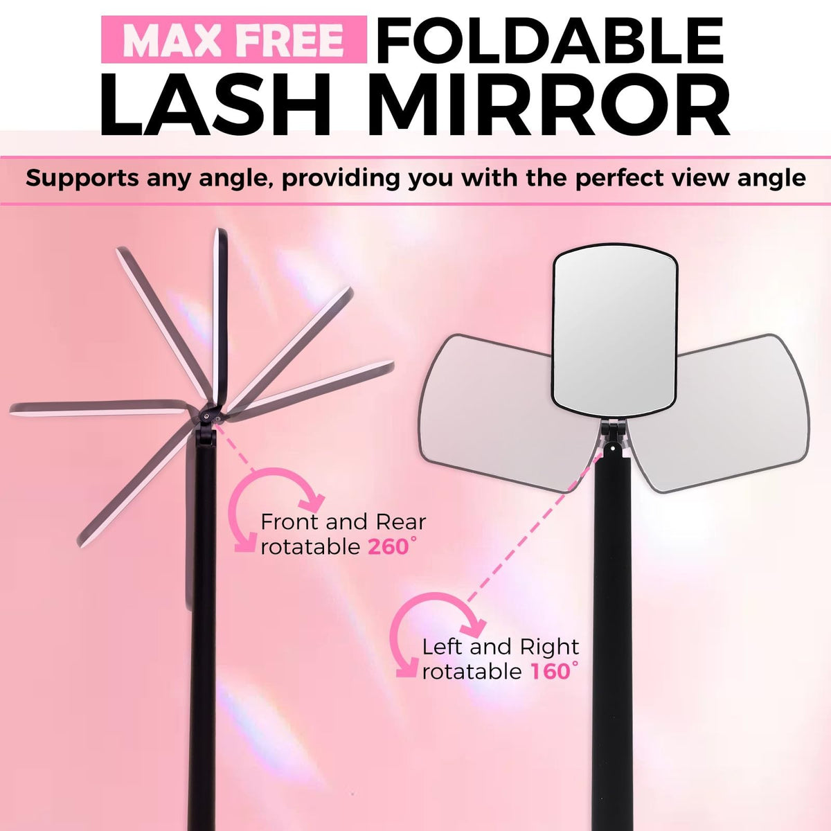 Portable Large Square Lash Mirror with 260° Rotation for Eyelash Extensions