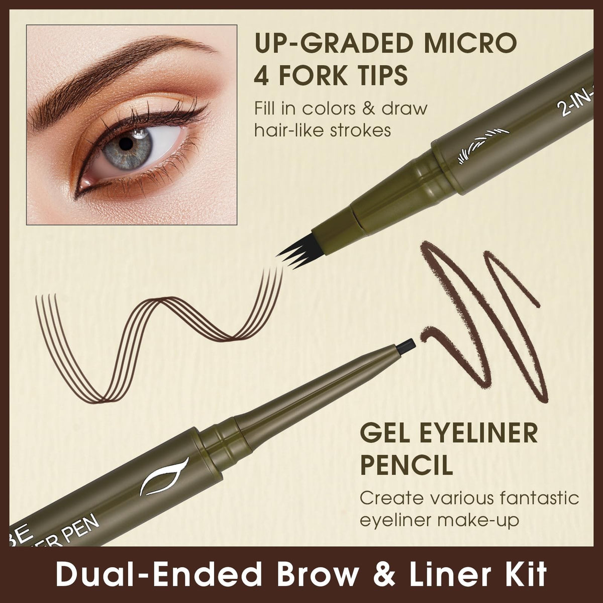 Eyebrow Pen Dual-Ended Micro-Fork Tip & Gel Liner Brown Makeup Tool