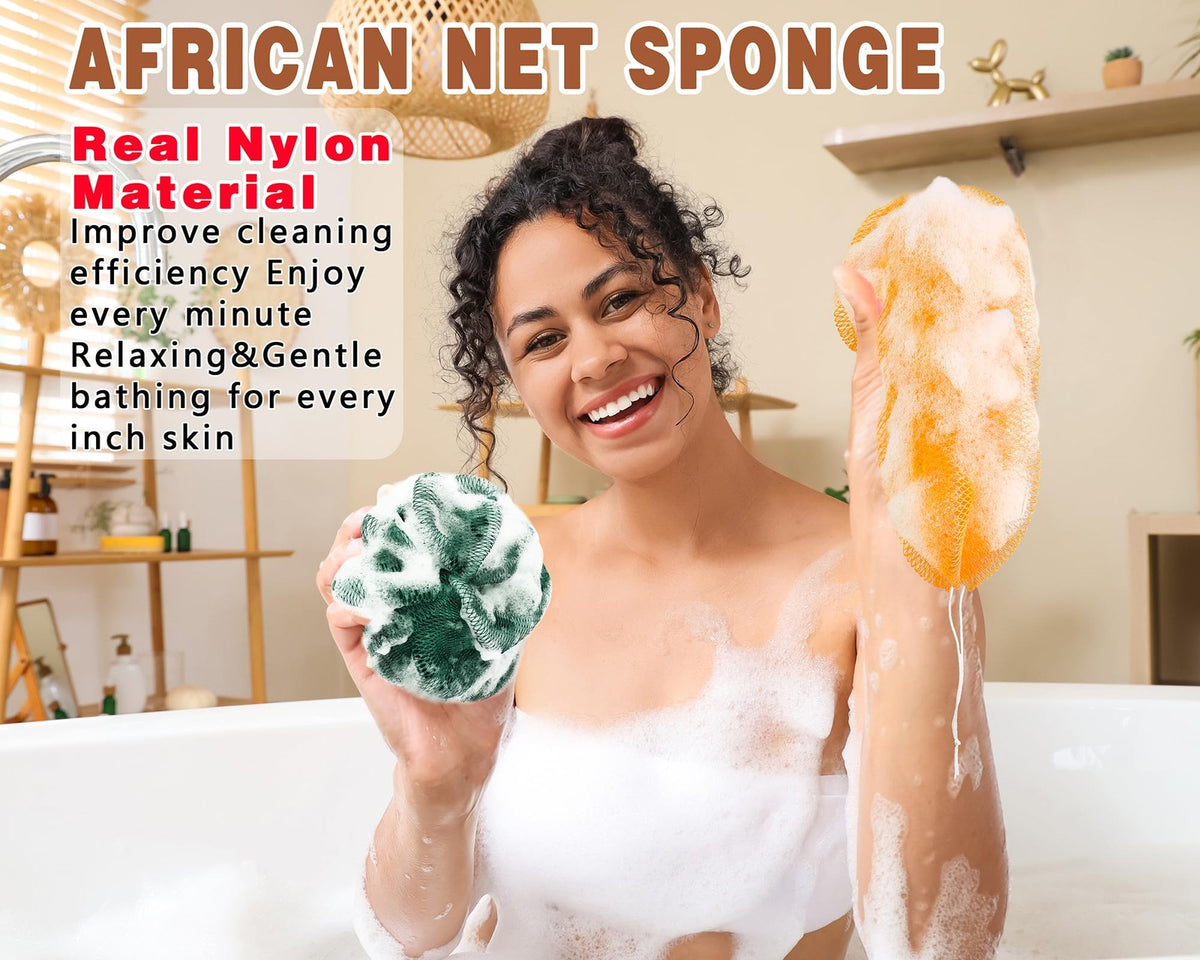 2 Pack African Net Sponge - Exfoliating Bath Loofah for All Skin Types
