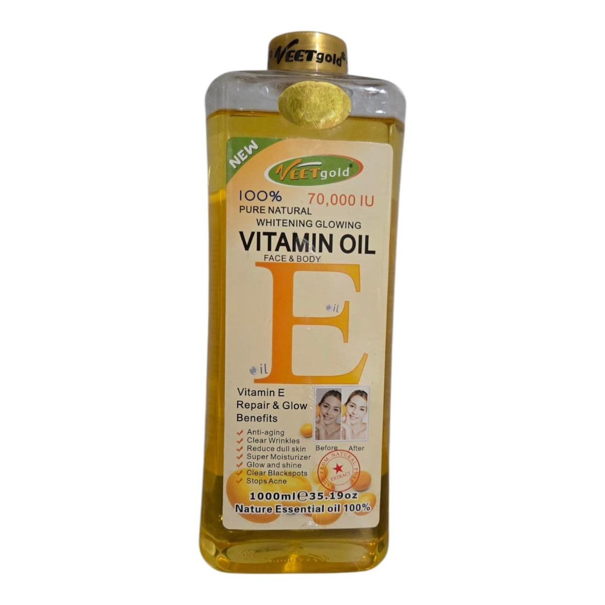 Pure Natural Vitamin E Face & Body Repair Glow Oil 1000ml - Veet Gold