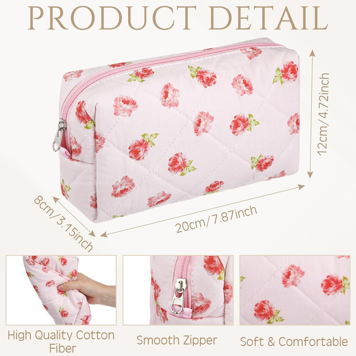 Quilted Cotton Makeup Bags Set - 10 Pcs Floral Cosmetic Pouches for Women & Bridesmaids
