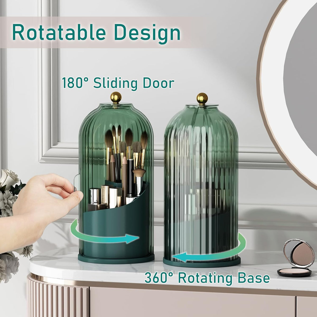Rotating Makeup Brush Organizer with Lid - Green, 360° Waterproof Dustproof