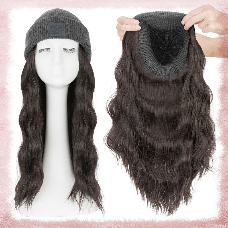 Women Knitted Wavy Wig Winter Beanie Hat - Long Curly Synthetic Hair