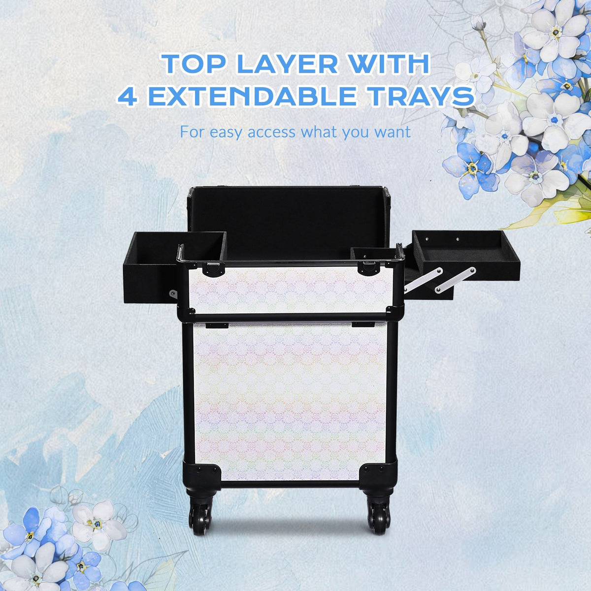 Rolling Makeup Train Case with Extendable Trays and Large Storage - White Floral Design