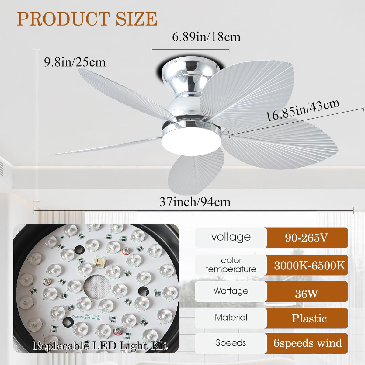 38-Inch Modern Ceiling Fan with Light and Remote Control, Reversible Blades