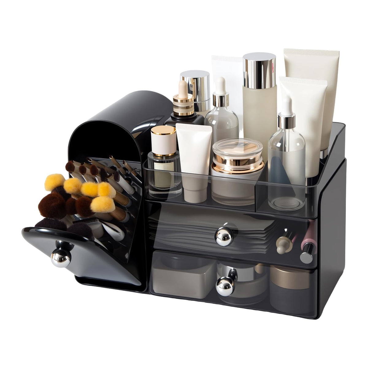 Large Makeup Organizer with Brush Holder, Cosmetic Display Case, Black