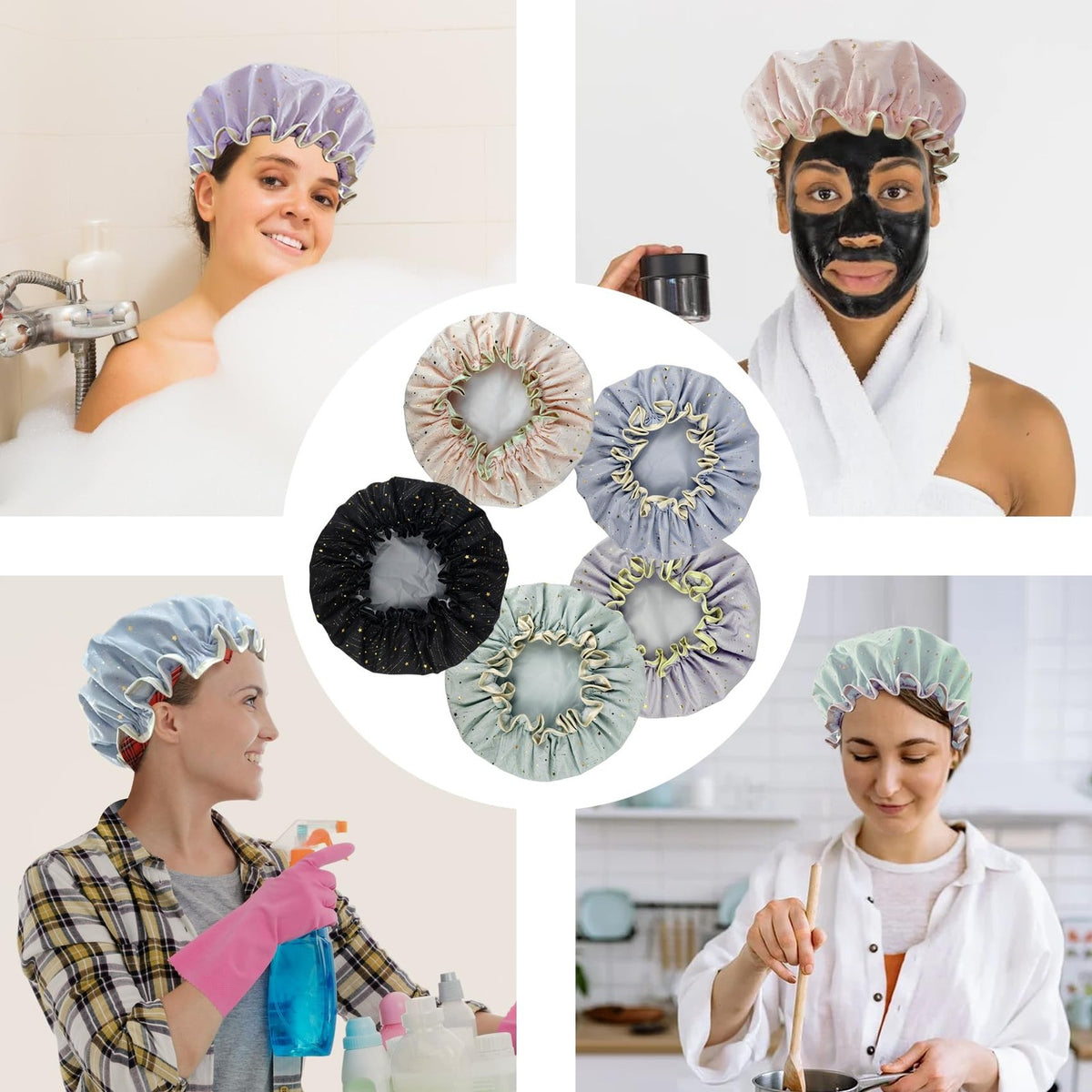 1 Pack Shower Caps, Elastic and Reusable Bonnet, Double Waterproof