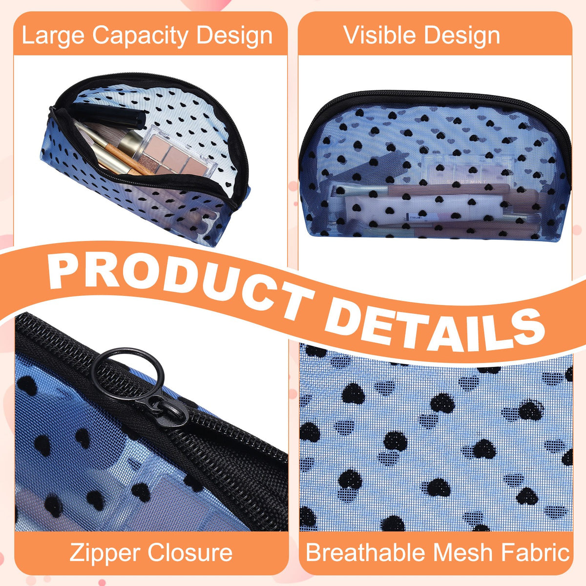 Black Mesh Makeup Bag with Heart Print - Portable Cosmetic Organizer