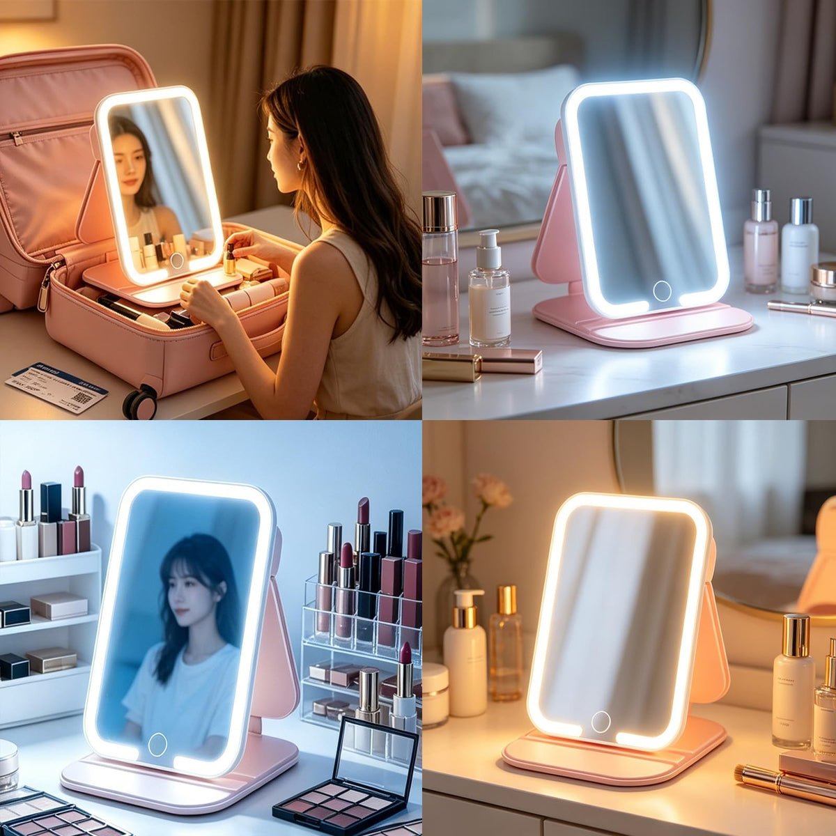 Travel Makeup Mirror with 3 Adjustable Lights, Touch Screen & USB Rechargeable