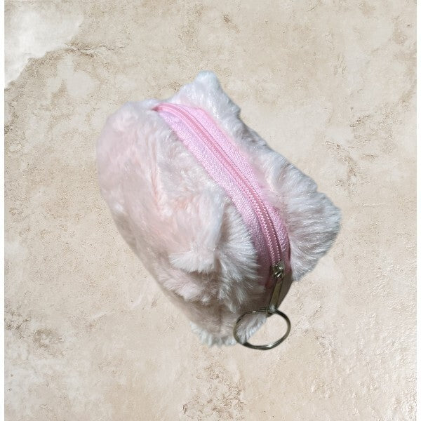Mini Faux Fur Cosmetic Bag with Zipper and Key Ring, 4.5 Inch