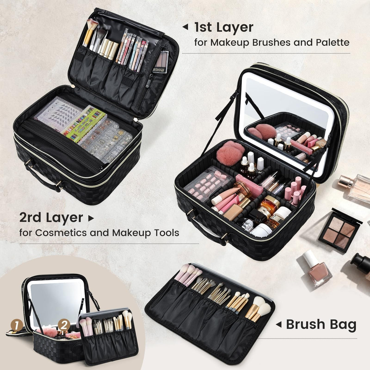 Travel Makeup Bag with LED Lighted Mirror and Double Layer Storage