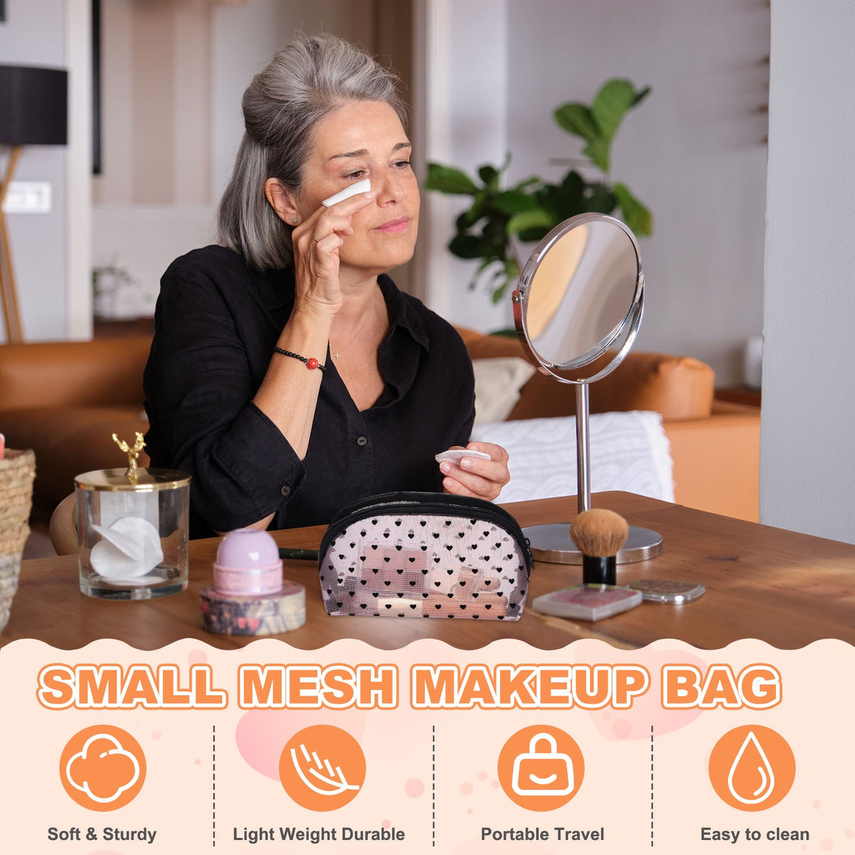 Black Mesh Makeup Bag with Heart Print - Portable Cosmetic Organizer