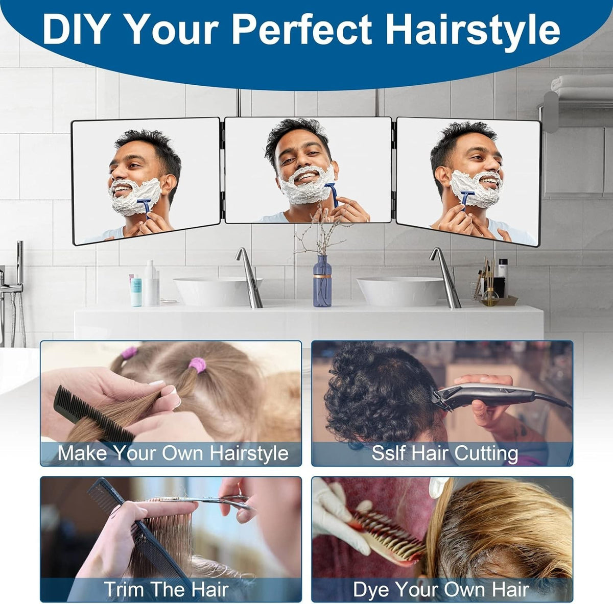 3-Way Mirror for Self Hair Cutting, 360 Degree Viewing, Portable Tri Fold Barber Mirror with Adjustable Hooks
