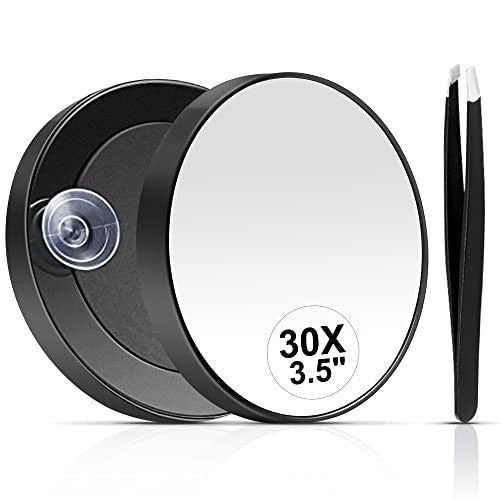 30X Magnifying Mirror with Suction Cup & Tweezers - Small Portable Makeup Mirror