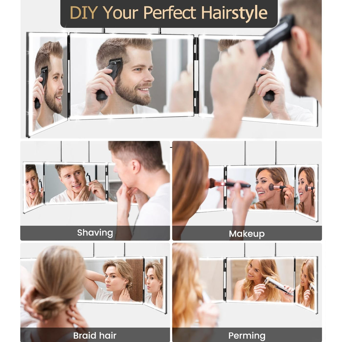 Rechargeable 3-Way Makeup & Hair Mirror with LED Lights, 12x7.7 Inches