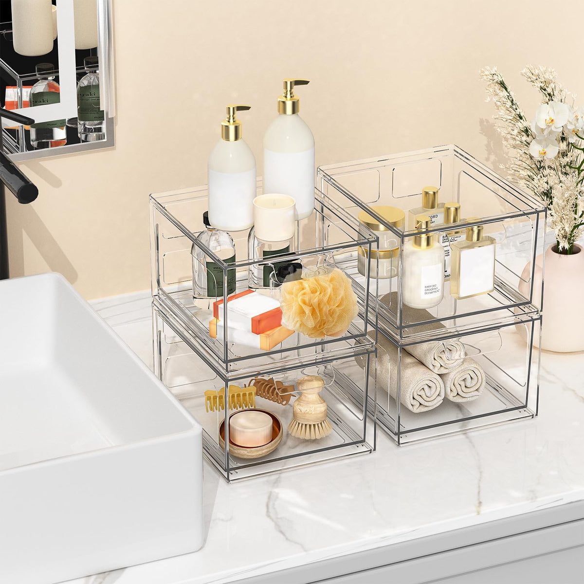 Stackable Clear Plastic Makeup Organizer Drawers with Handles