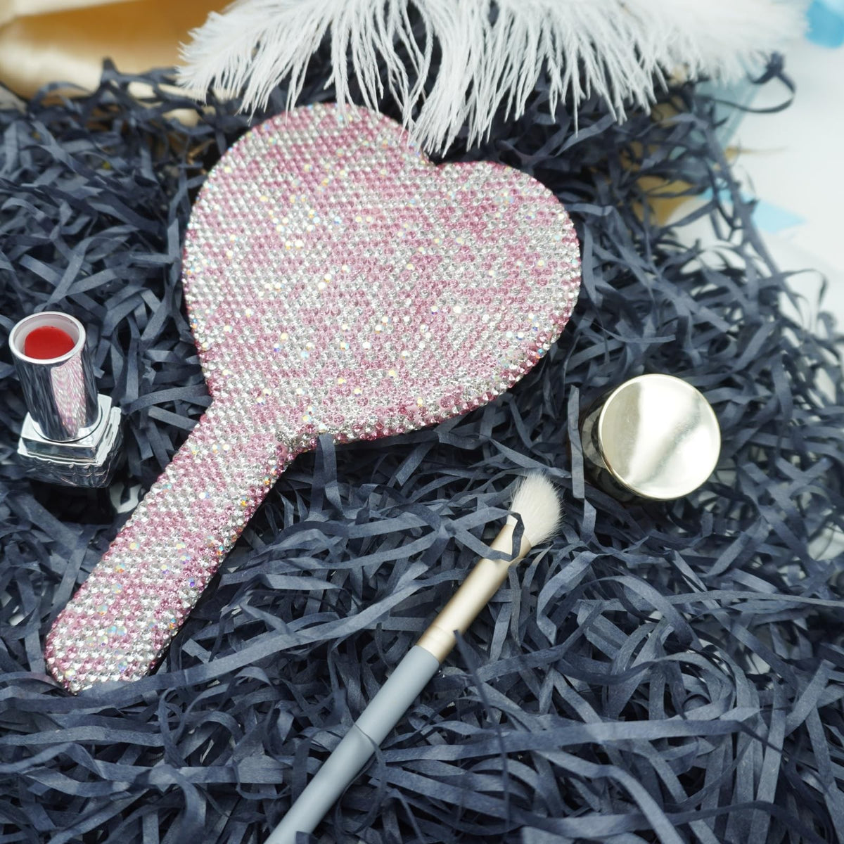 Large Heart-Shaped Rhinestone Handheld Mirror with Glitter Handle for Women