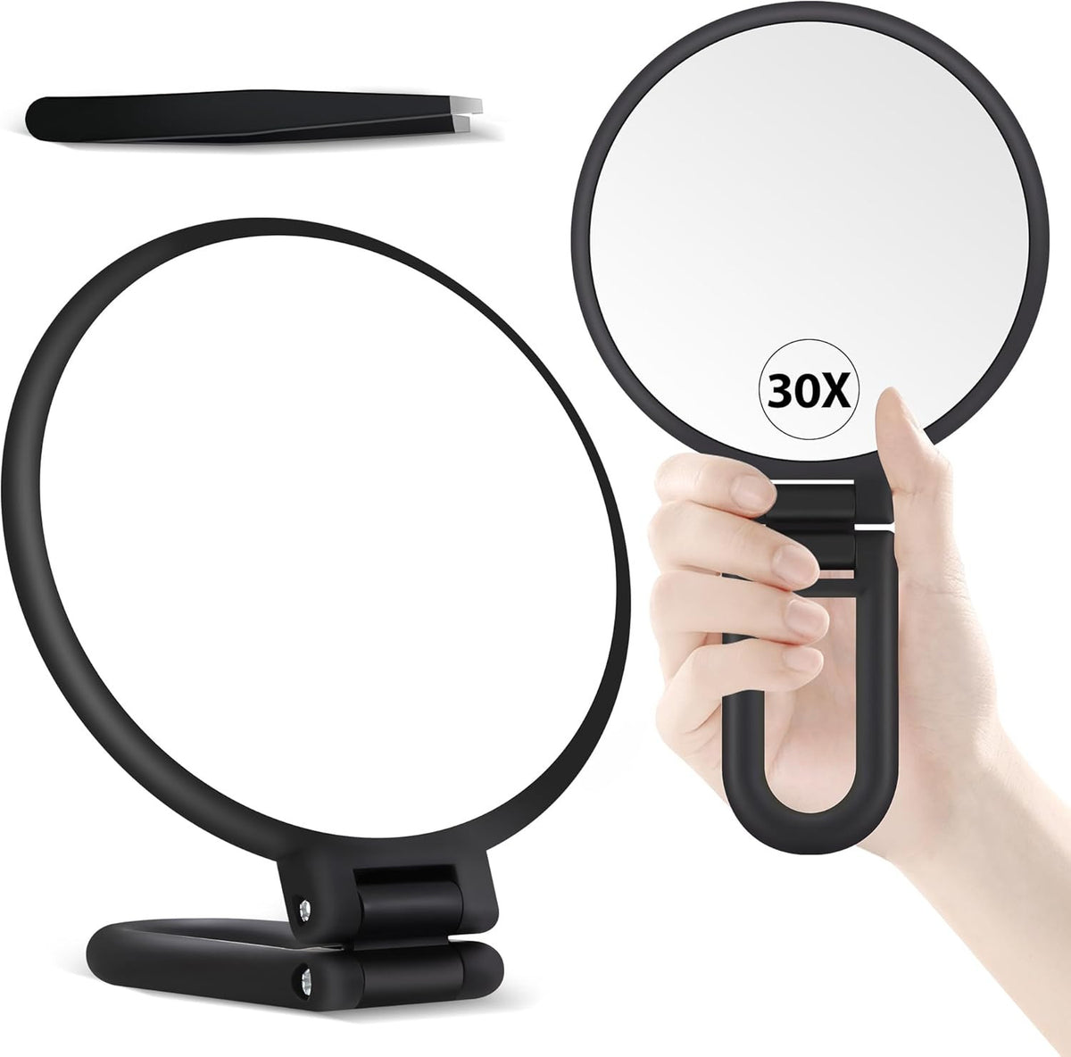 30X Magnifying Hand Mirror with Handle - Double-Sided Travel Makeup Mirror