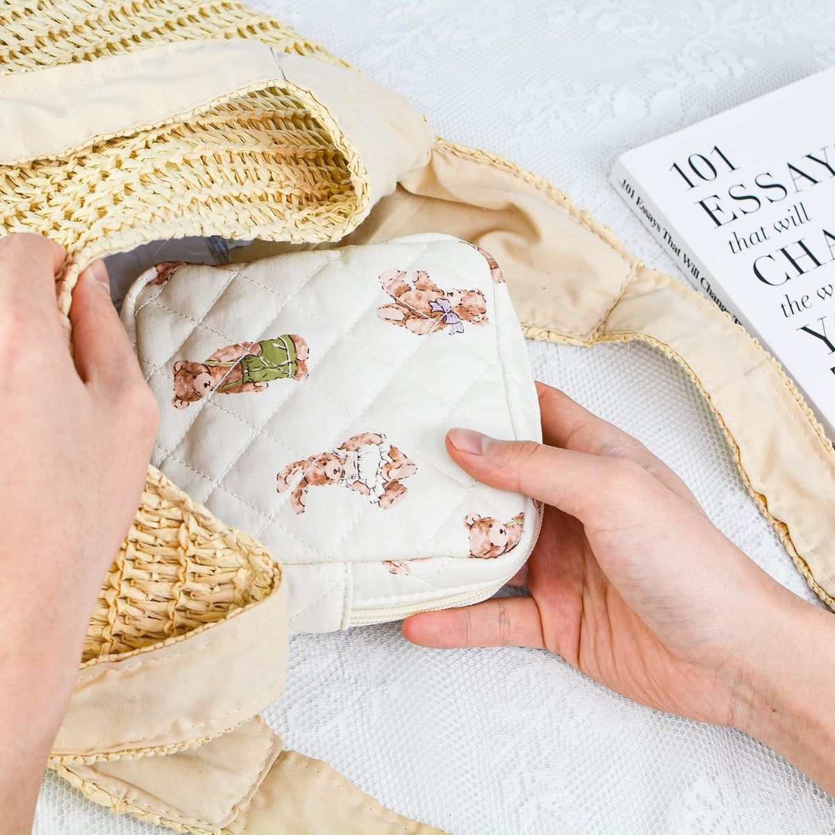 Small Floral Quilted Makeup Bag - Travel Toiletry Organizer for Women