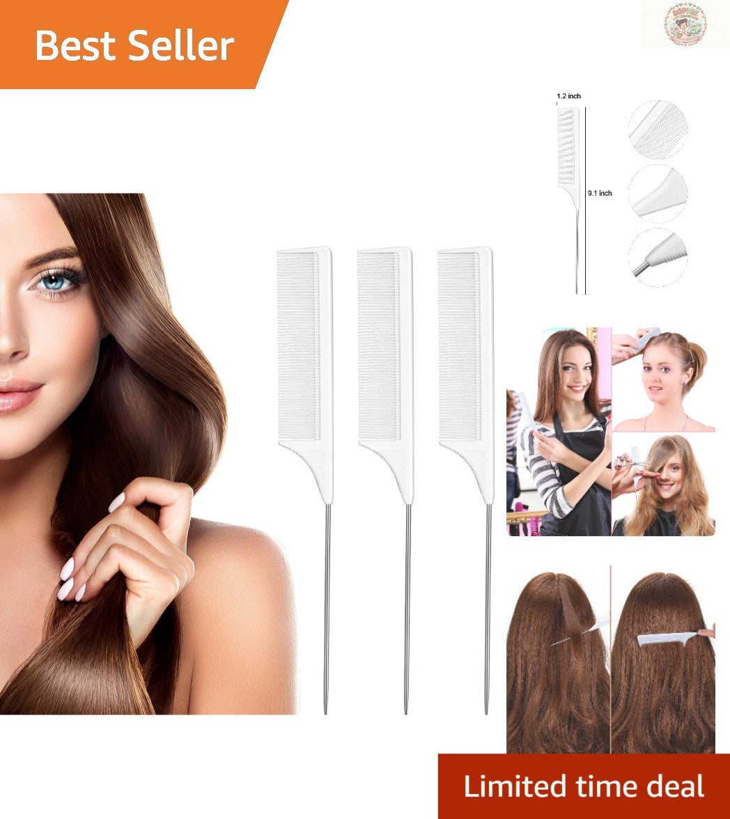 Lightweight 3-Pack Hair Combs with Stainless Steel Pintail for Styling