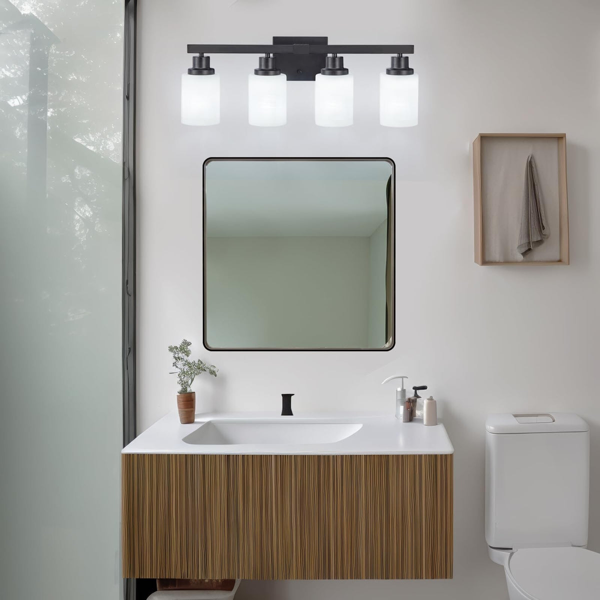 4-Light Matte Black Bathroom Vanity Light with White Glass Shades