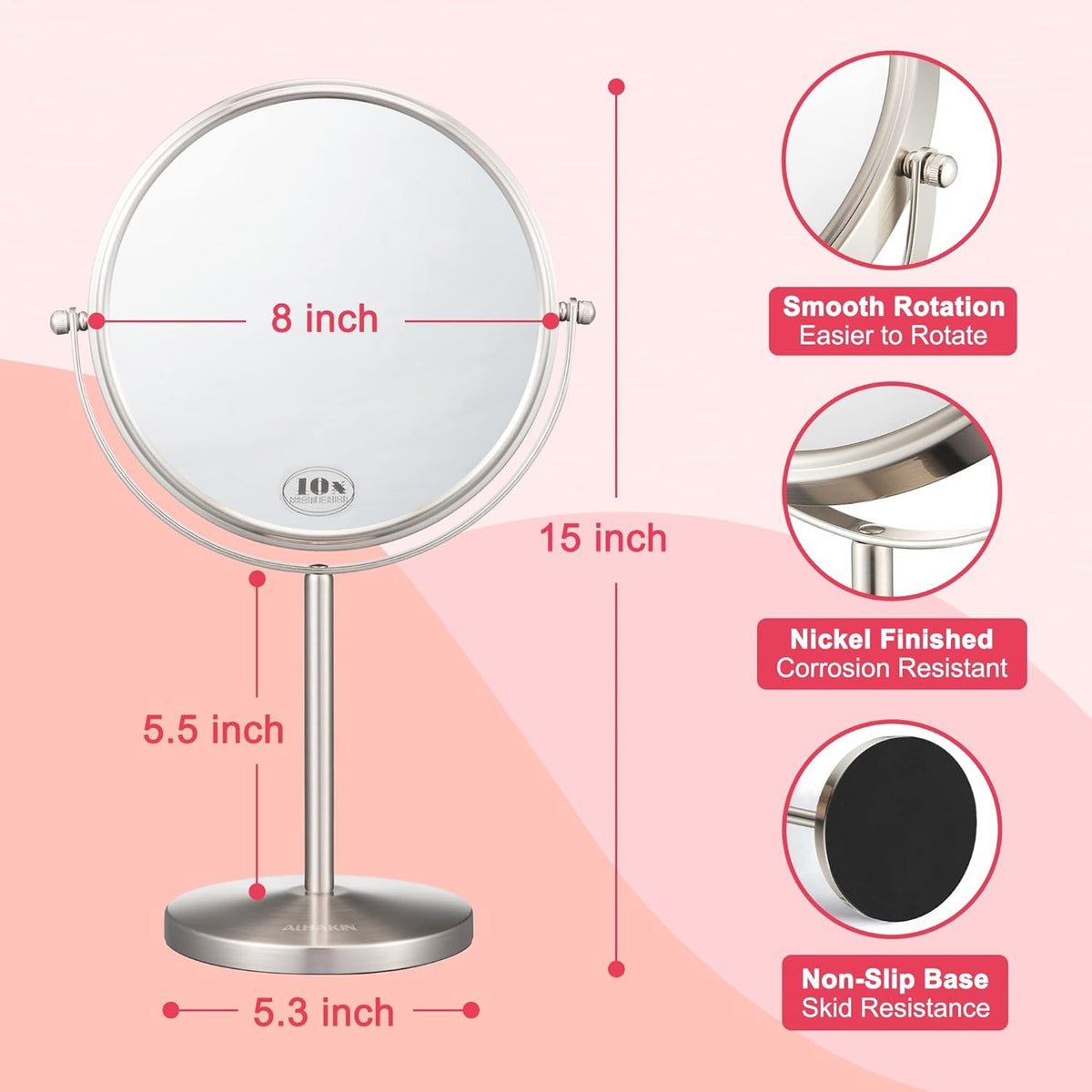 8 Inch Double-Sided Makeup Mirror with 1X/10X Magnification, Tabletop, Detachable Base
