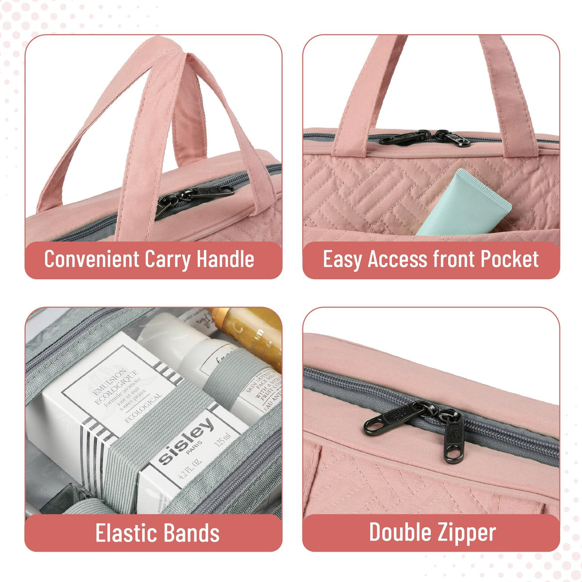 Water-Resistant Travel Toiletry Bag with Hanging Hook and Multiple Compartments - Baby Pink