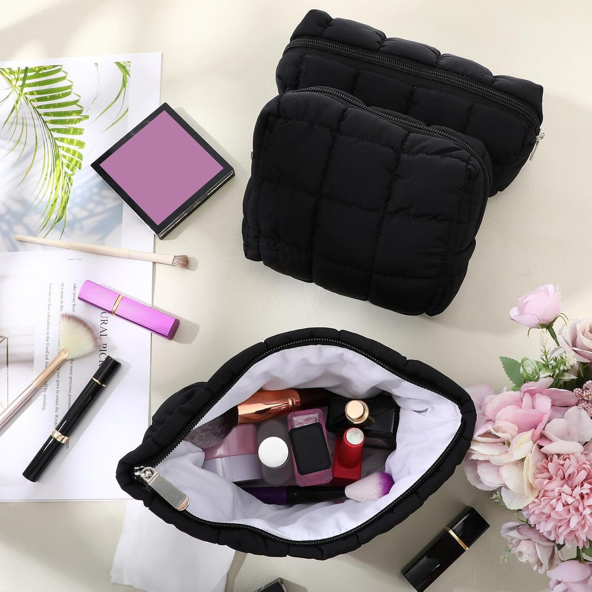 3 Pack Quilted Makeup Bags for Women - Travel Cosmetic Pouch Set