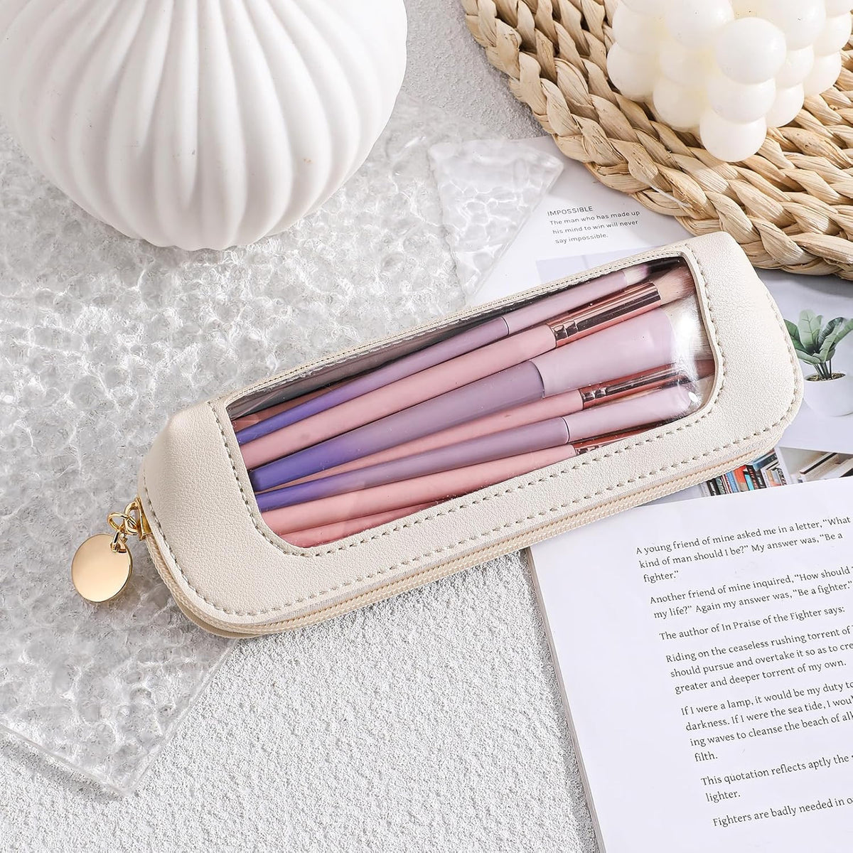 Small Clear Makeup Bag with PU Leather Travel Cosmetic Organizer