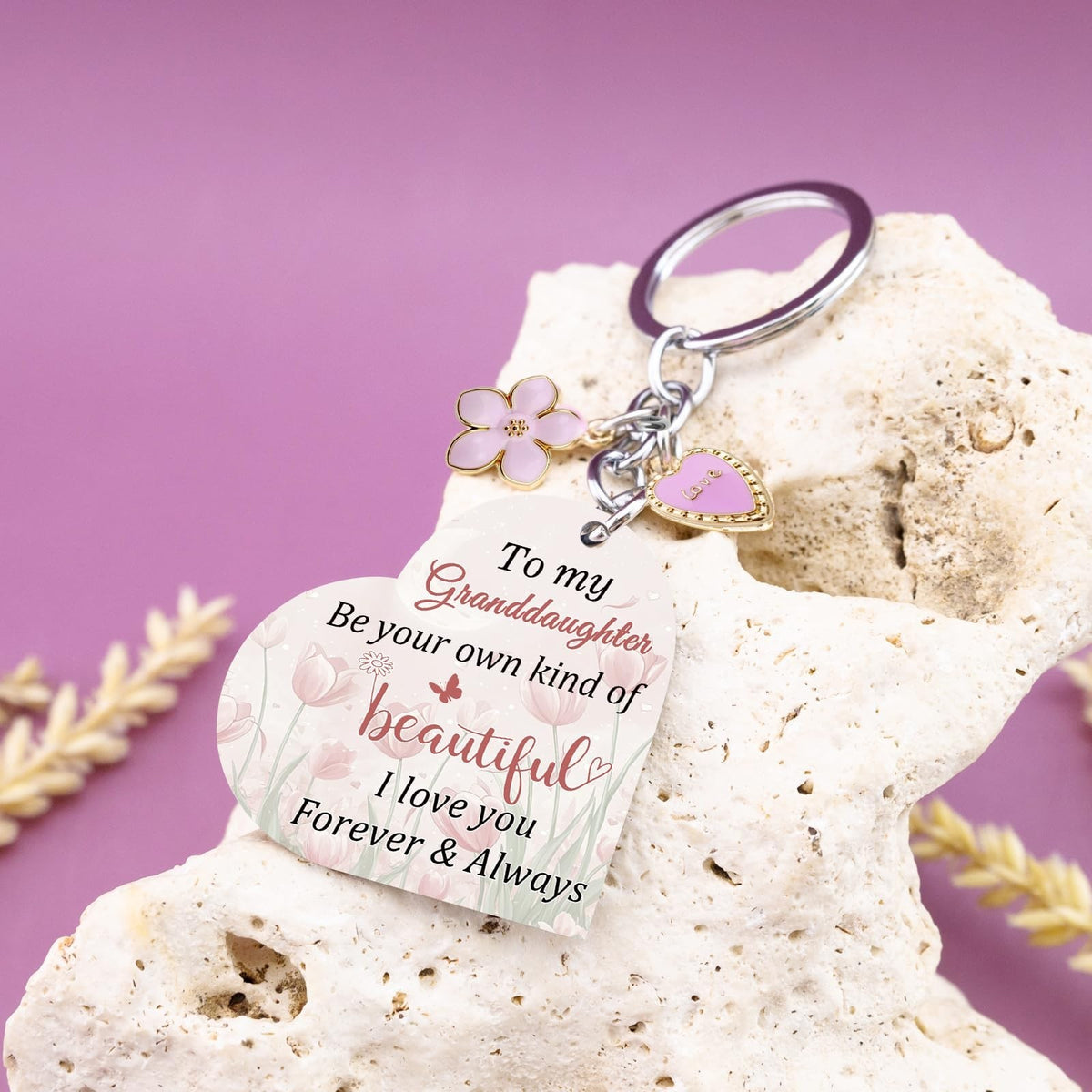 Cute Granddaughter Keychain from Grandma - Personalized Gift, Pink, Lightweight Stainless Steel