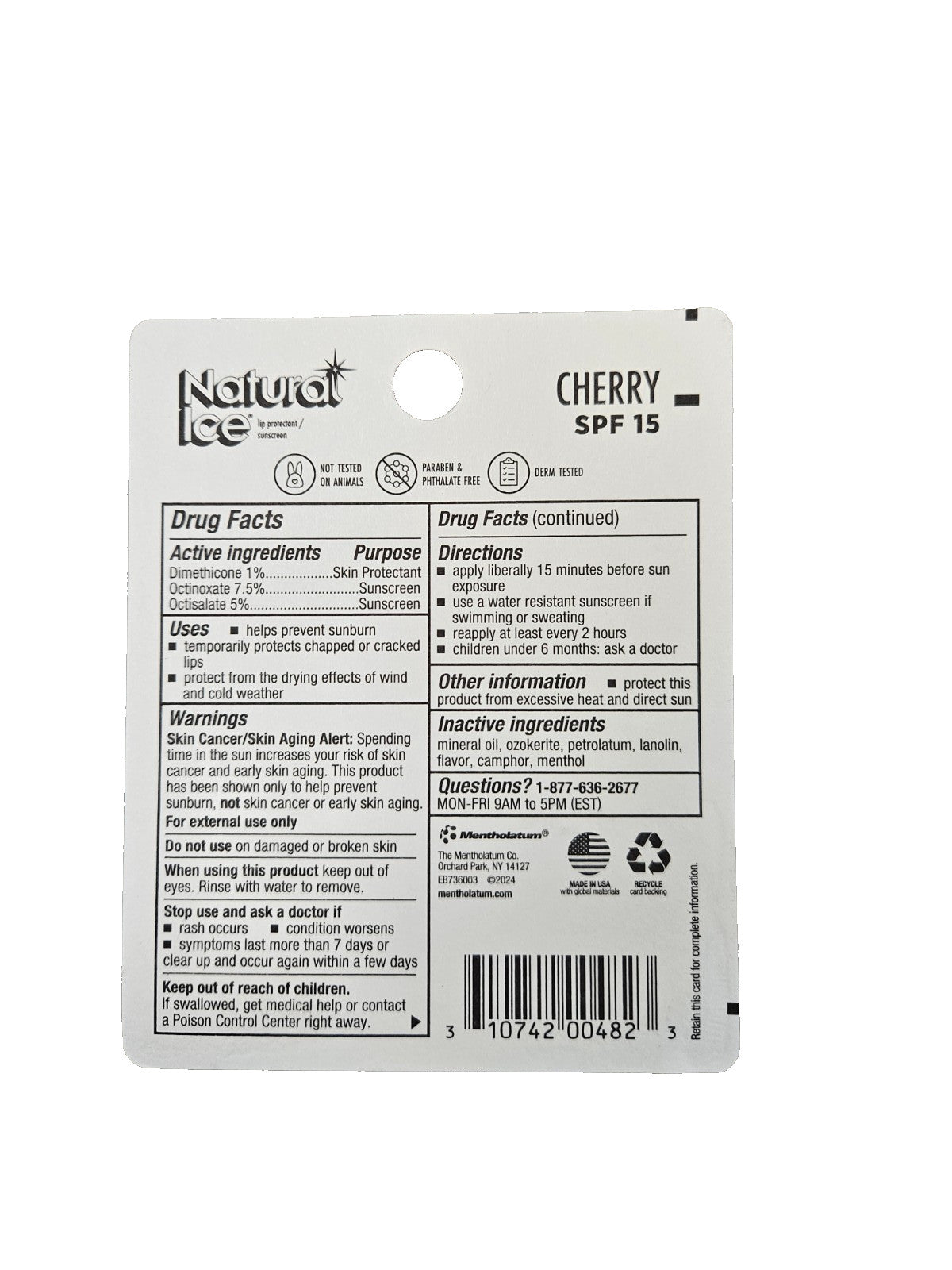 Mentholatum Natural Ice Lip Balm SPF 15 Cherry Flavor - Pack of 12 Tubes
