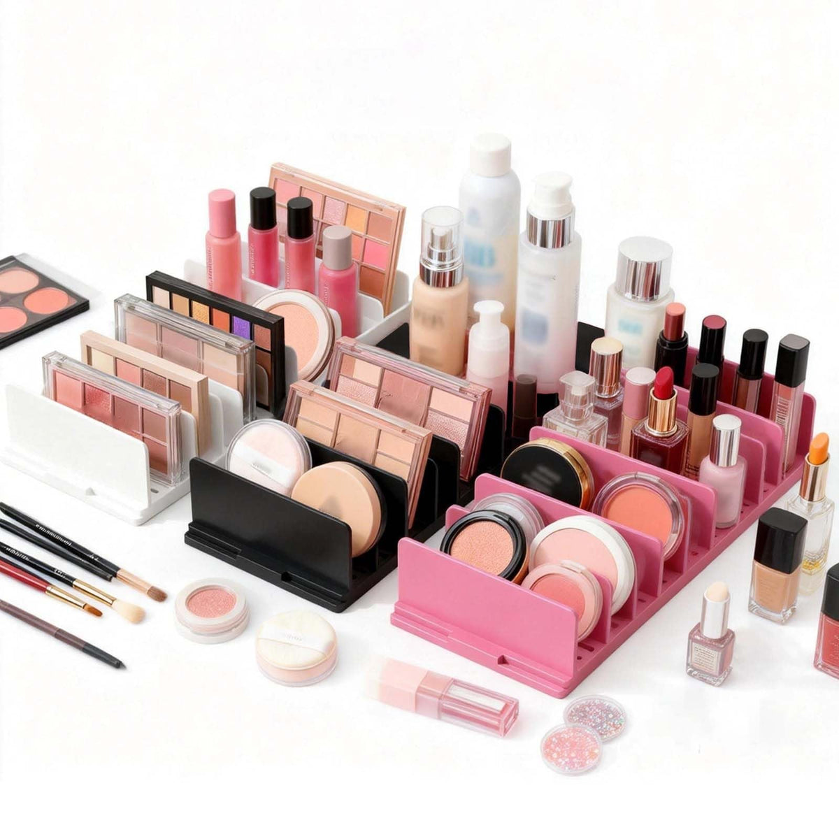 Adjustable Makeup Organizer with Movable Dividers - Acrylic White