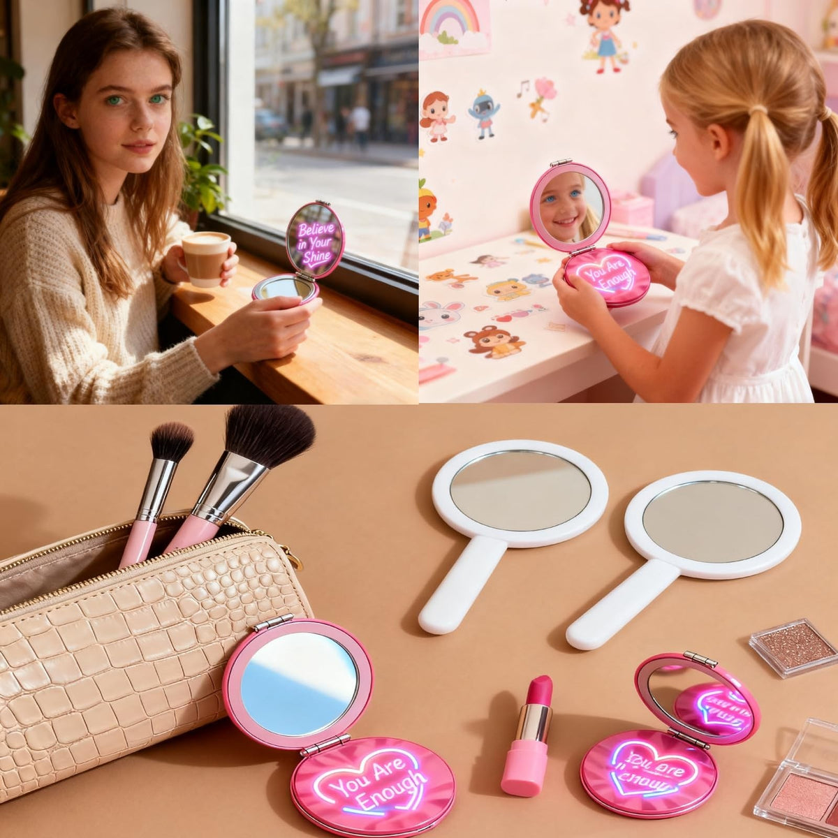 12 Pack Pink Travel Compact Mirrors with Affirmations and Gift Bags for Women and Girls