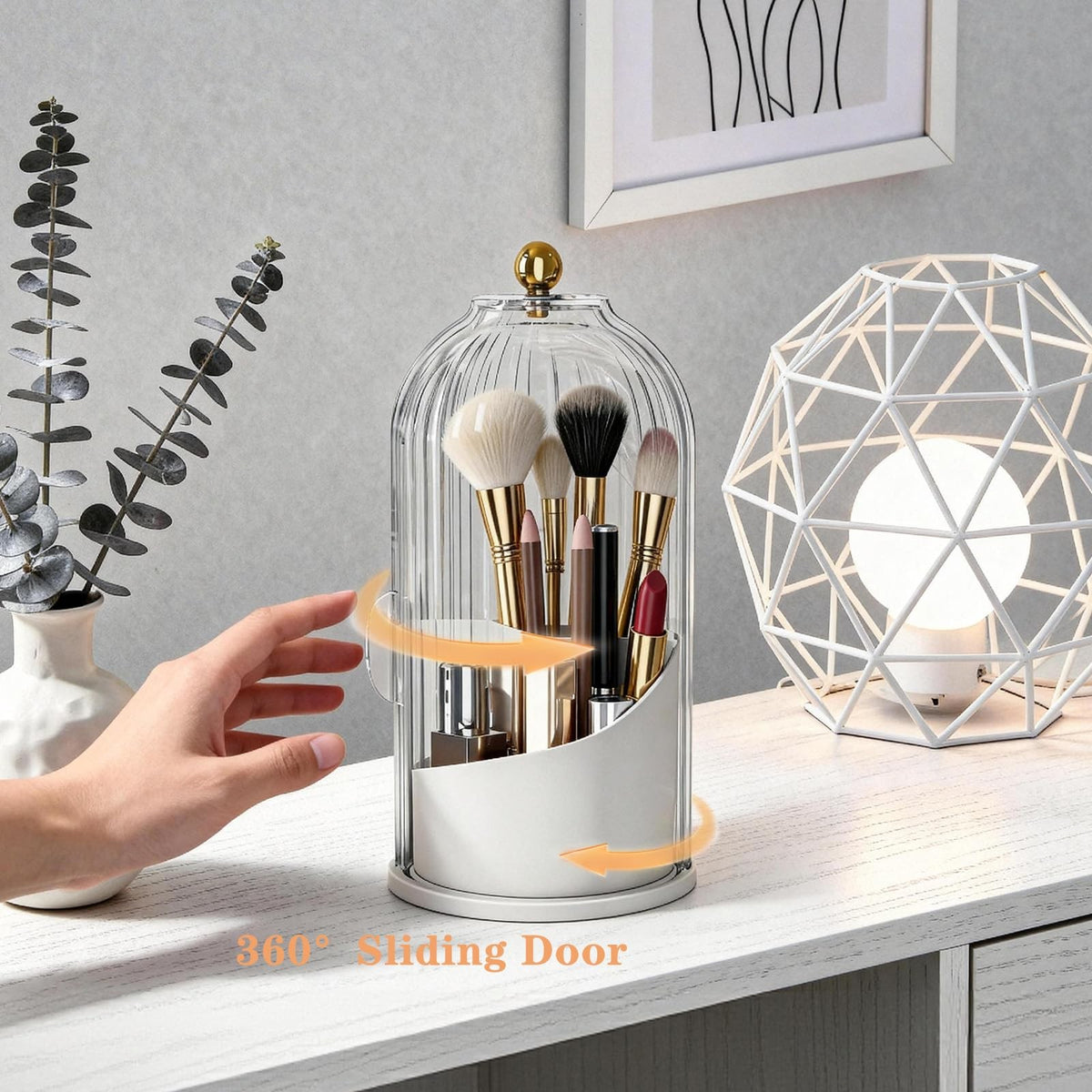 Makeup Brush Holder with Lid 3-Compartment Rotating Organizer Dustproof