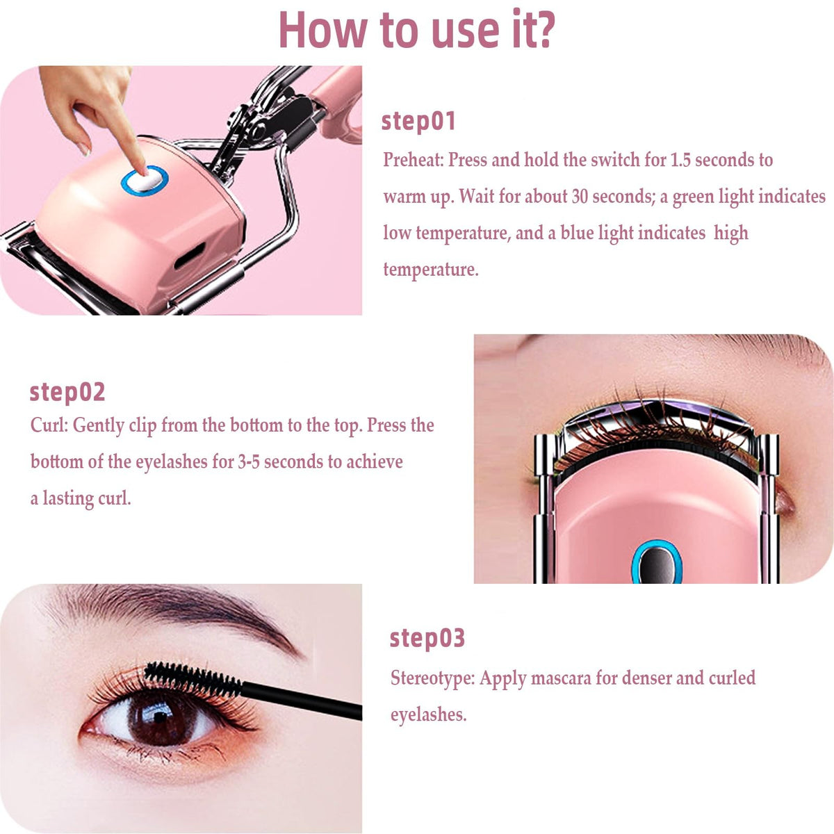 Rechargeable Heated Eyelash Curler with Silicone Pad - USB Electric Makeup Tool