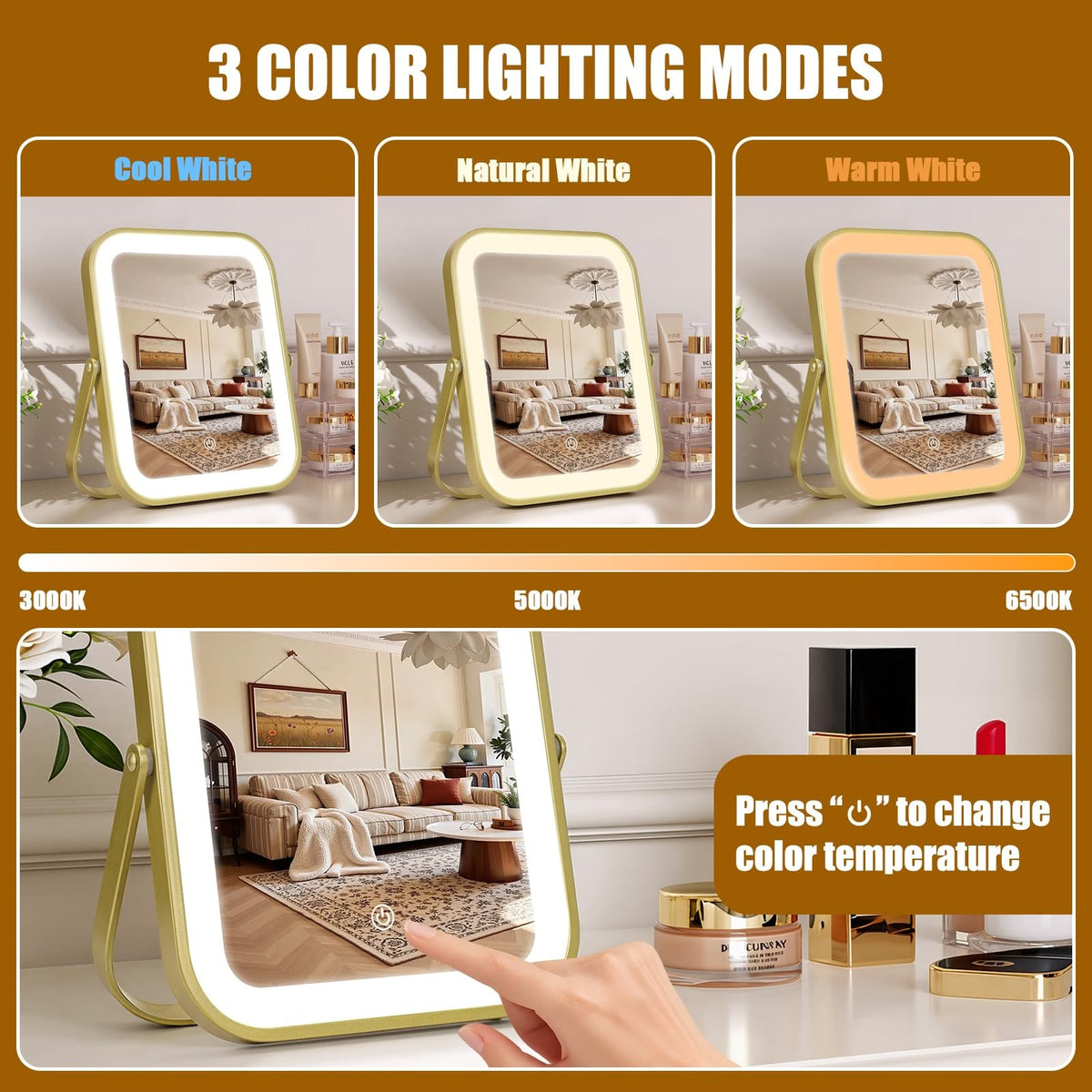 Rechargeable 10x8 Inch LED Makeup Mirror with Touch Control and Dimmable Lights