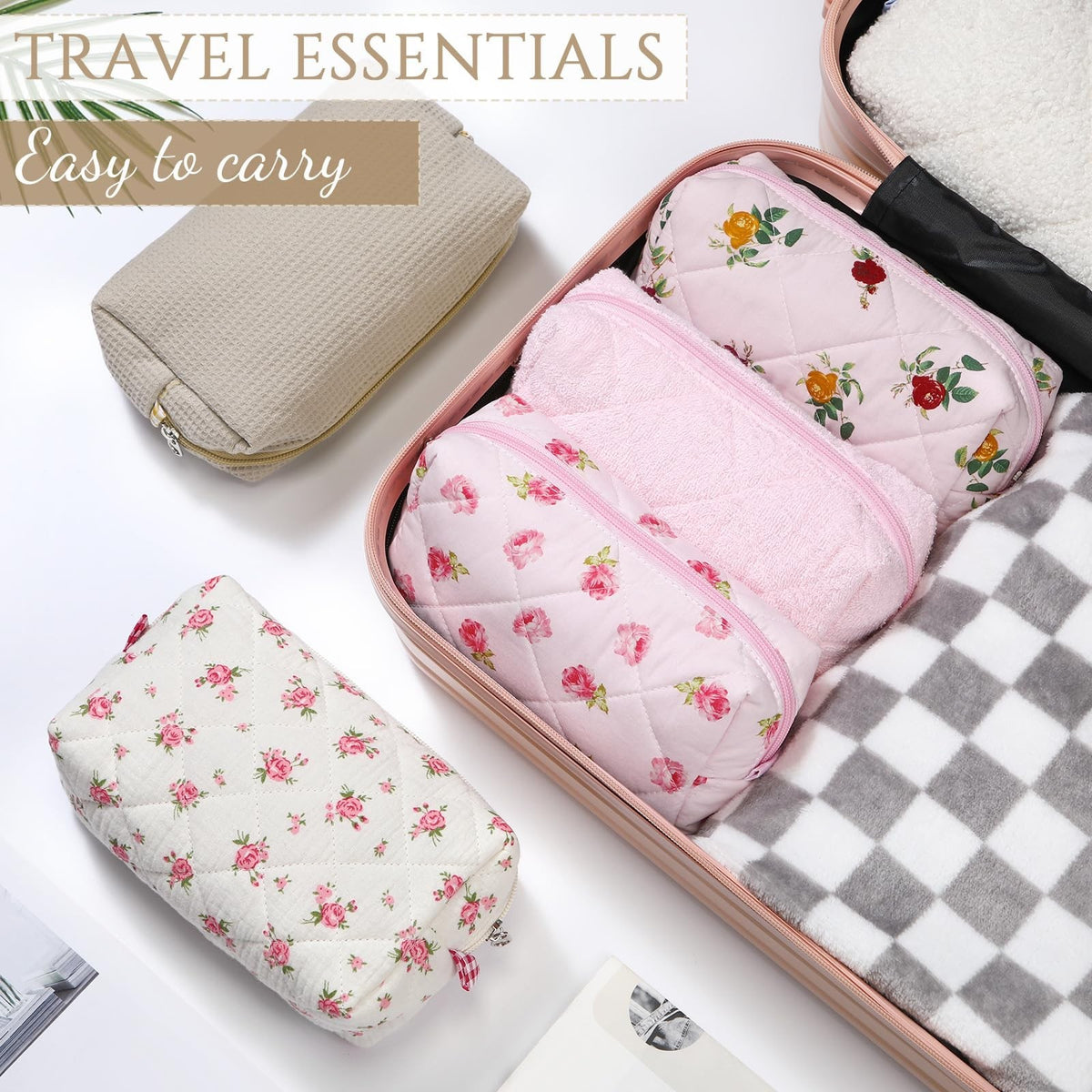 Quilted Cotton Makeup Bags Set - 10 Pcs Floral Cosmetic Pouches for Women & Bridesmaids