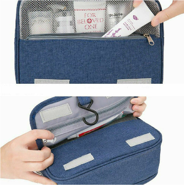 Navy Blue Travel Cosmetic Bag with Waterproof Lining and Multiple Compartments