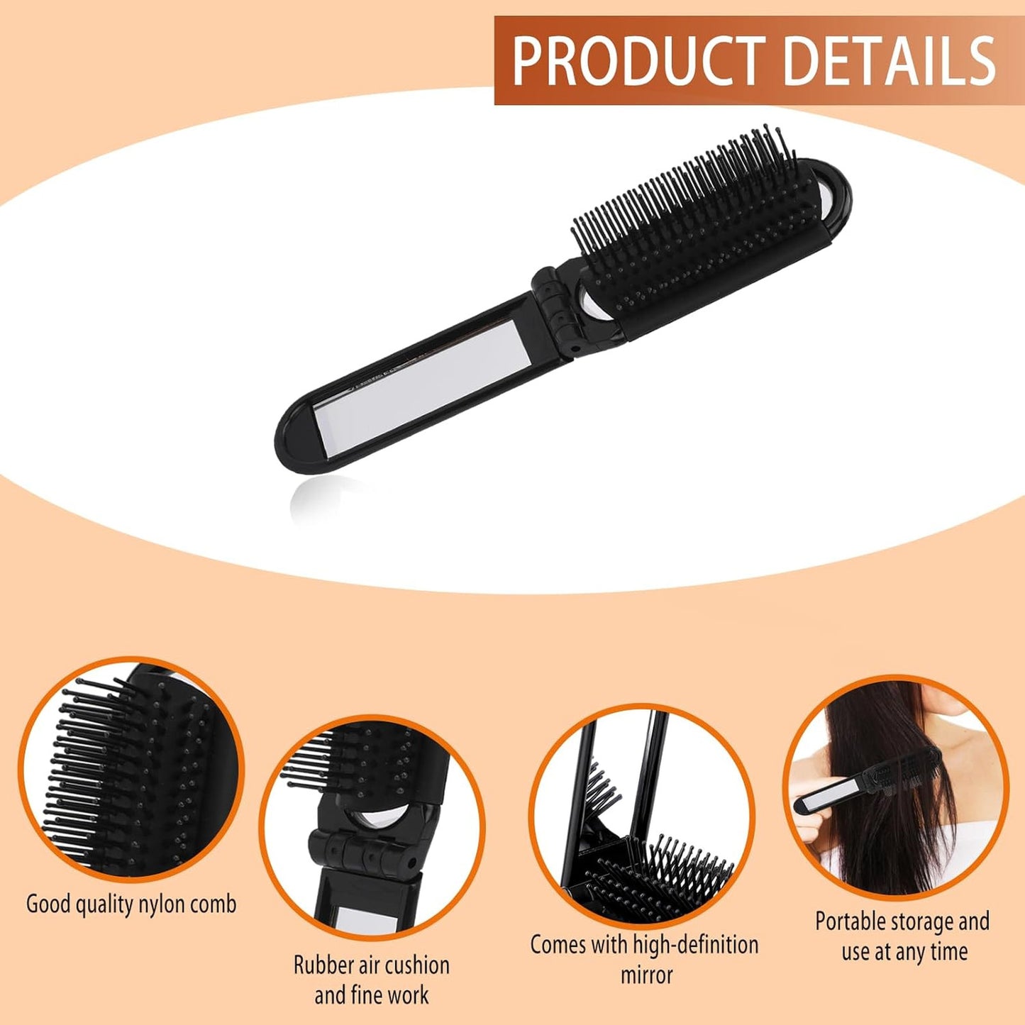 Foldable Travel Hair Brush with Mirror - Compact Anti-Static Small Hair Styling Tool Set
