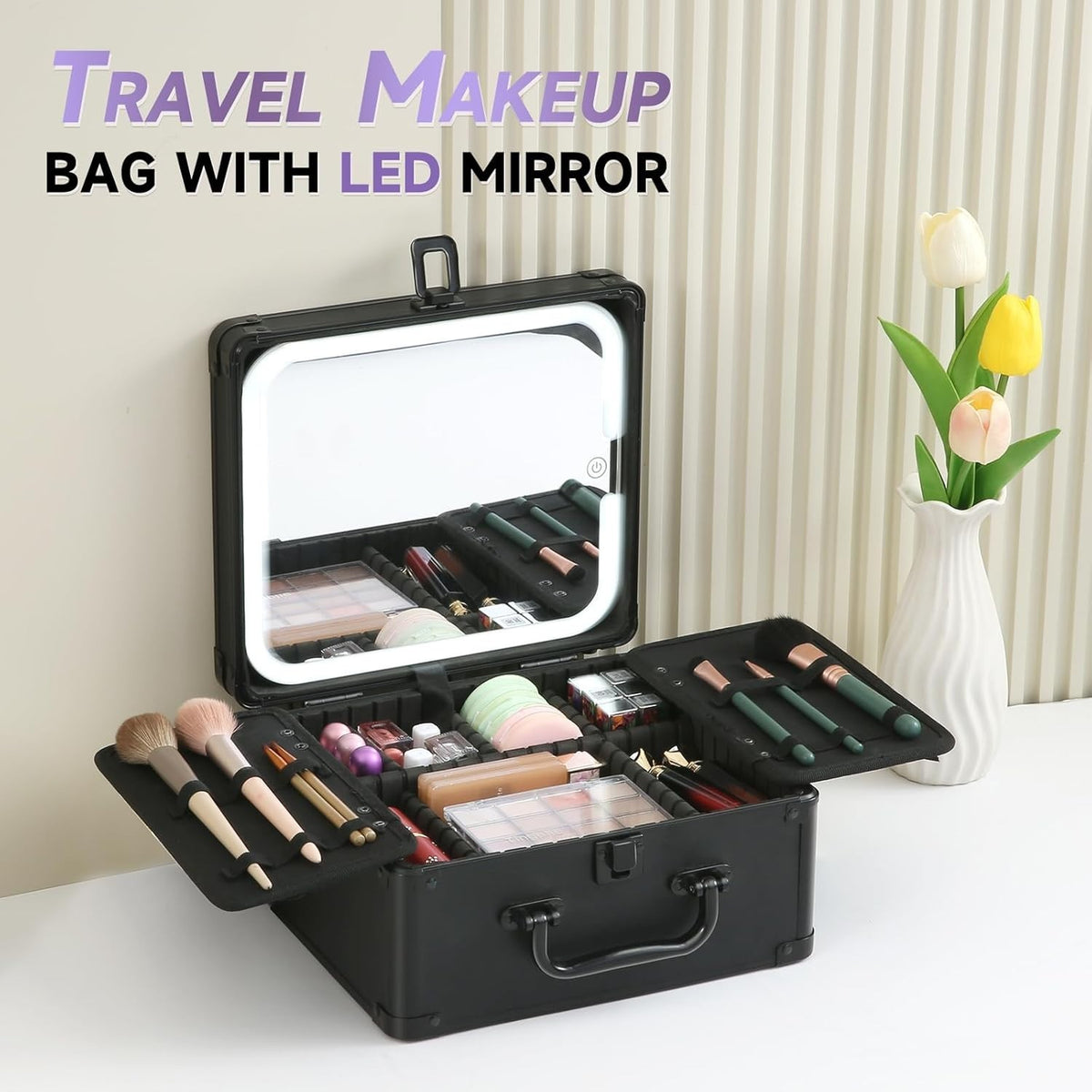 Travel Makeup Organizer Case with LED Lighted Mirror and Adjustable Storage