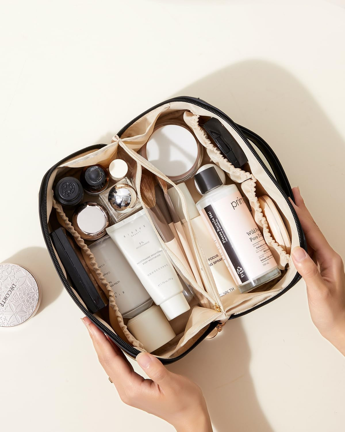 Travel Makeup Bag with Waterproof Fabric & Multiple Pockets - Large Capacity Cosmetic Organizer